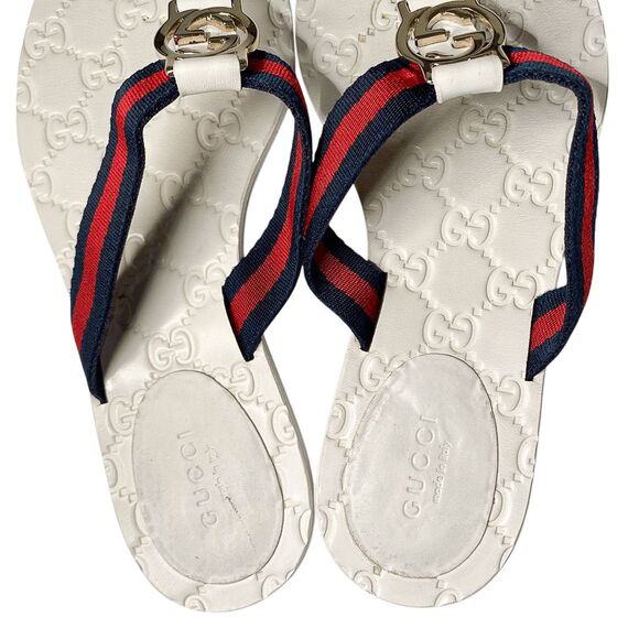 Gucci GG Web Stripe Thong Sandals EU 36.5 US 6.5 White Flip Flop Slide Flat Heel - Picture 8 of 11